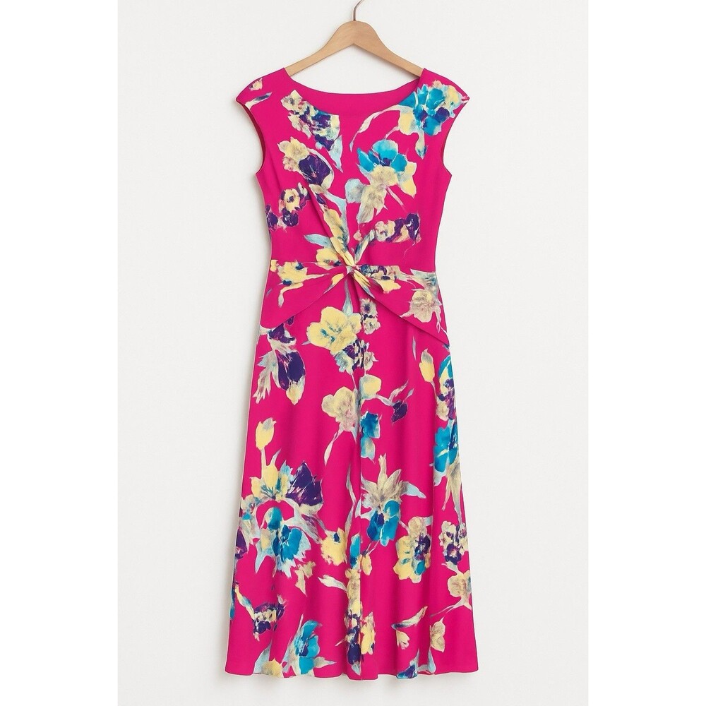 Ralph‎ Lauren New Jersey Midi Dress Bold Pink Floral French Twist Front Size 14